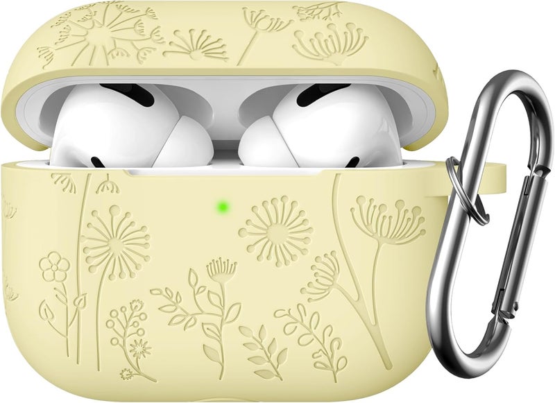 Lerobo for Airpod Pro 2 Case/Airpod Pro Case Cover, Flower Engraved Cute Silicone Skin Full Protective Cover Compatible with Apple Airpods Pro 2nd/1st Generation Case with Keychain, Cream Yellow - Image 1